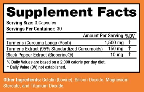 Supplement facts for turmeric capsules: serving size 3, 30 servings per container, 1500mg turmeric and 150mg black pepper extract per serving.