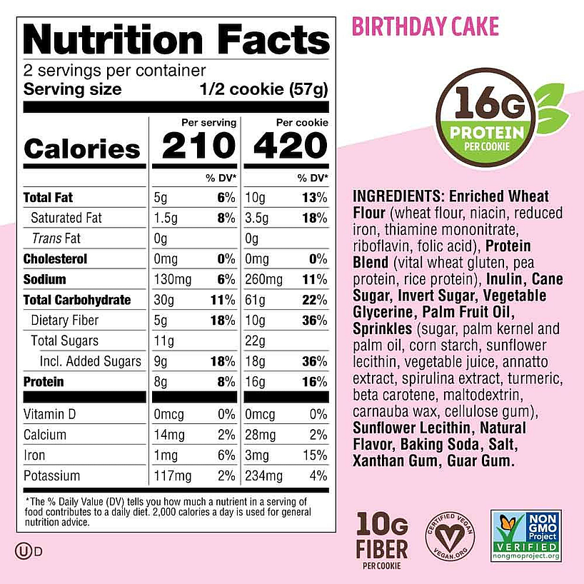 Nutrition facts for a birthday cake flavored cookie with 210 calories per serving. Contains Wheat flour, protein blend, sugars, sprinkles, and is vegan and non-GMO.
