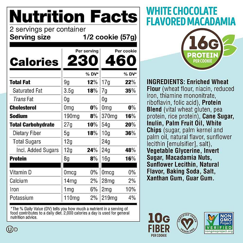 Nutrition facts for a white chocolate flavored macadamia cookie. It contains 230 calories, 9g of fat, 27g carbohydrates, 5g fiber, and 12g sugar per half-cookie serving.