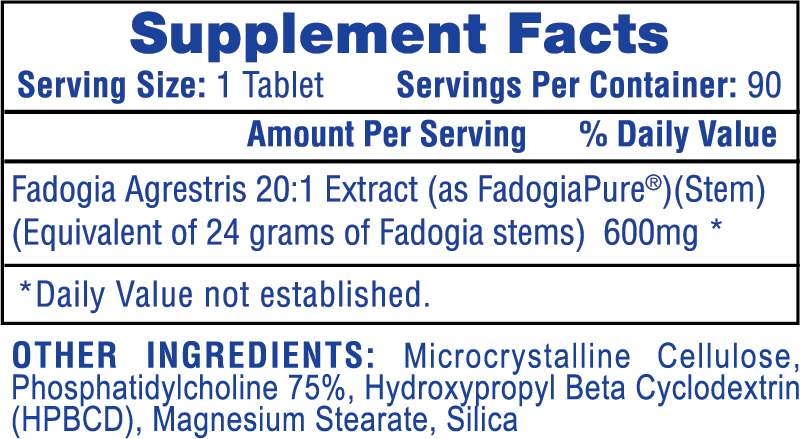 Supplement fact chart for FadogiaPure tablets. Contains Fadogia Agrestris extract, equivalent to 24g Fadogia stems, and additional ingredients.