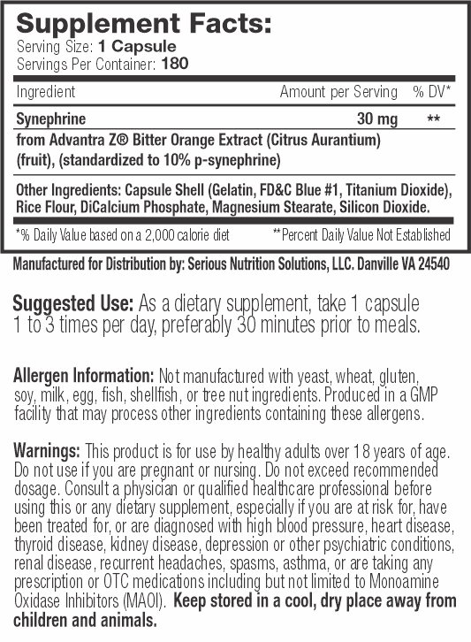 Synephrine supplement facts and suggested uses with allergy and warning information included. Manufactured by Serious Nutrition Solutions.