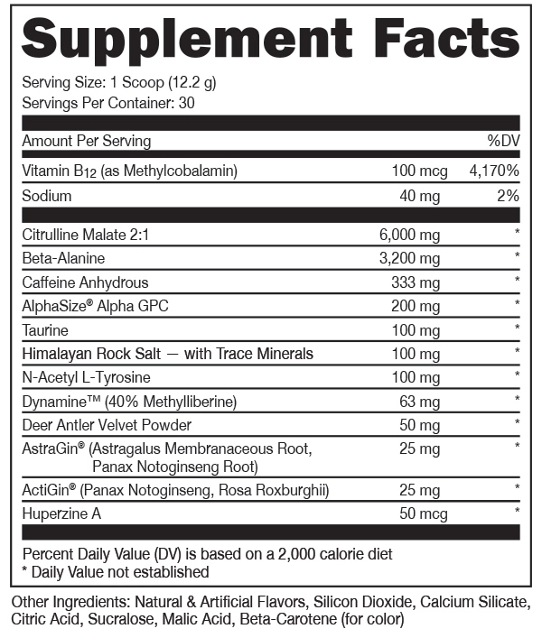 Supplement facts for a serving of a health product, listing a multitude of different vitamins, minerals and other active ingredients.