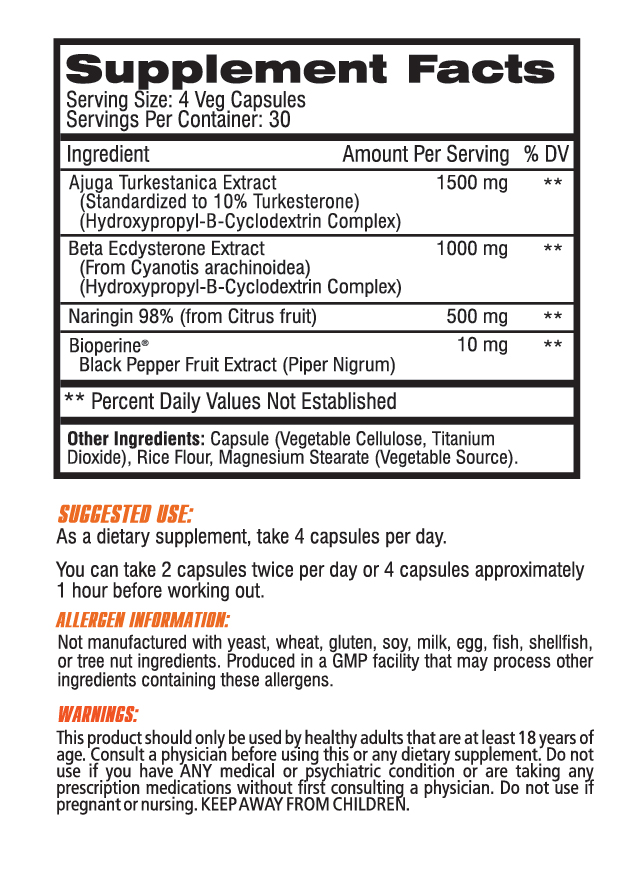 Dietary supplement serving illustration: 4 capsules daily, main ingredients are Turkesterone and Beta Ecdysterone, free from common allergens.