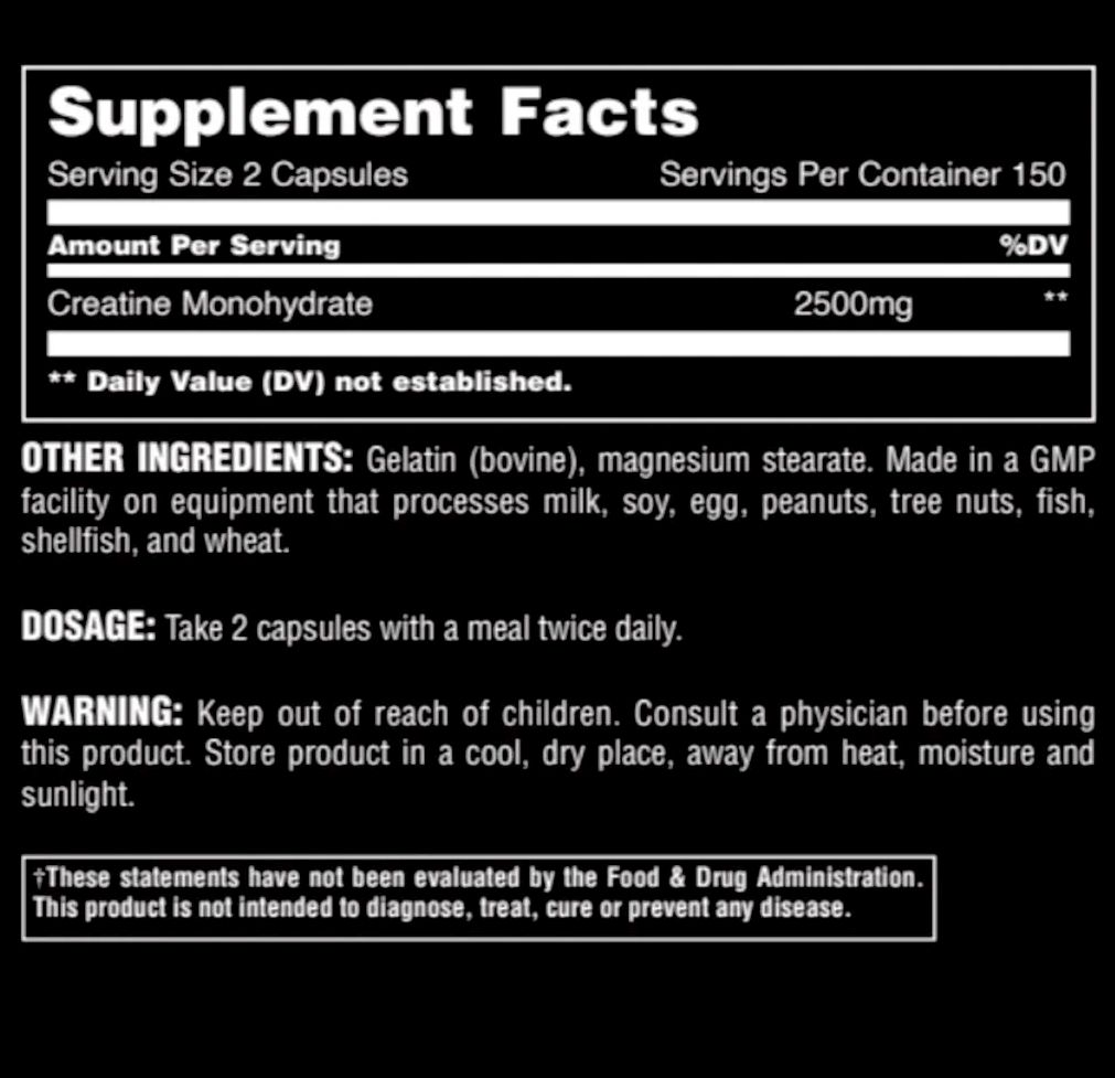 Supplement Facts label for 2-capsule serving size Creatine Monohydrate with warnings and allergen information.
