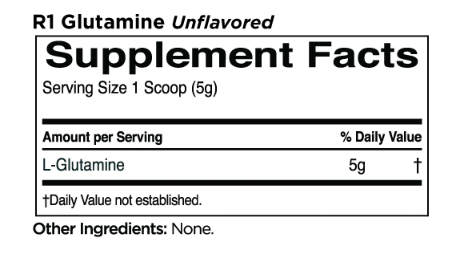 Unflavored R1 Glutamine supplement facts showing a serving size of 1 scoop (5g) with daily value not yet established.