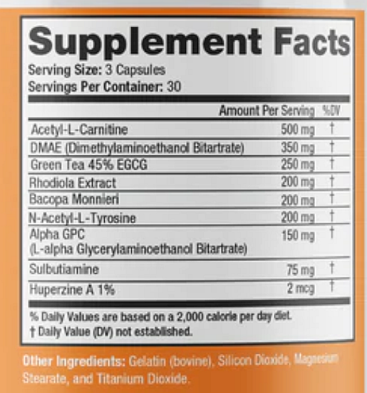 Supplement facts for a product including Acetyl-L-Carnitine, DMAE, Green Tea, Rhodiola Extract, and others with doses listed.