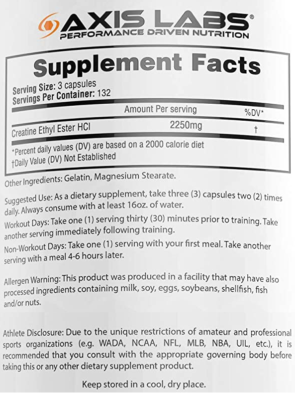 AXIS LABS nutrition supplement facts and usage for performance, includes 2250mg Creatine Ethyl Ester, with allergen warnings and advice for athletes.