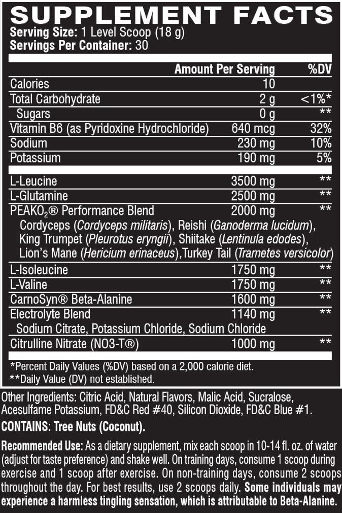 Supplement facts for a dietary product, showing serving size, calories, nutrients & ingredients. Also includes use recommendations.
