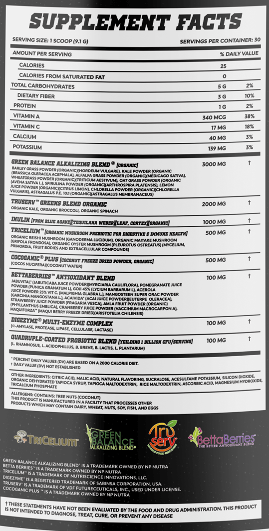 Nutritional label showing serving size, calories, percent daily values of nutrients, ingredients and allergens for a supplement with organic greens blend.
