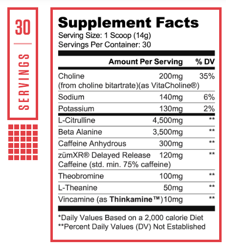 Supplement facts list for a 30-serving product showing dosages of various ingredients such as Potassium, Sodium, Choline, L-Citrulline, and more.
