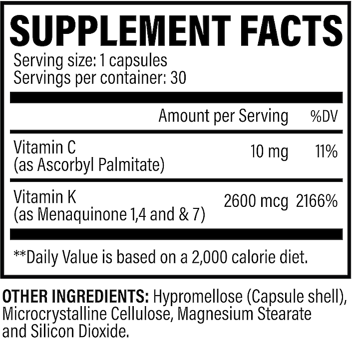 Supplement facts listing ingredients like Vitamin C and Vitamin K, serving size, daily value percentages, and additional ingredients.