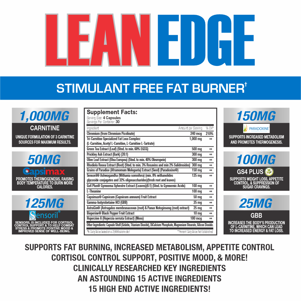 Stimulant-free LEAN EDGE fat burner with 1,000mg carnitine. Promotes thermogenesis, cortisol control, and improved well-being. 15 key active ingredients.