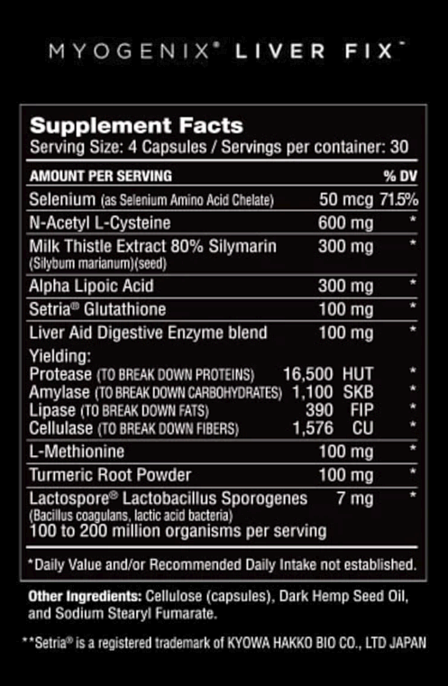 Myogenix Liver Fix supplement facts: serving size 4 capsules, includes ingredients like Selenium, Milk Thistle, Alpha Lipoic Acid, digestive enzymes and more.