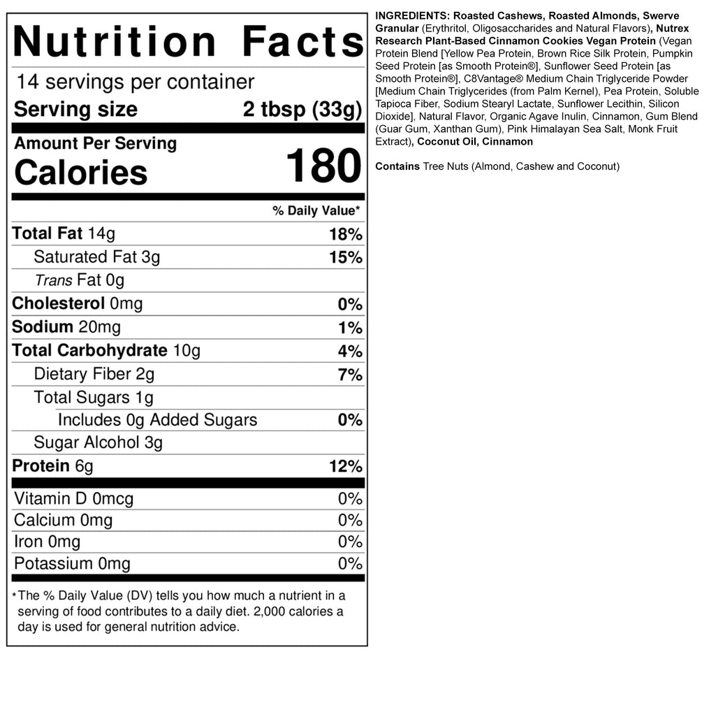 Nutrition facts and ingredients for a 14-serving product with roasted cashews, almonds, vegan protein, and natural flavors. Contains 180 calories per serving.