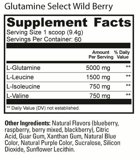 Wild Berry flavored Glutamine Select supplement with ingredients and measurements detailed including L-Glutamine, L-Leucine, and others.