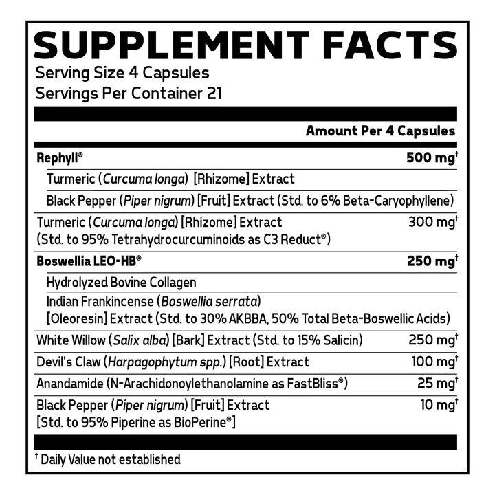 Supplement facts for 4-capsule serving containing: 500mg Turmeric, Black Pepper, 300mg Turmeric E, Boswellia LEO-HB, Hydrolyzed Collagen, Indian Frankincense, & more.