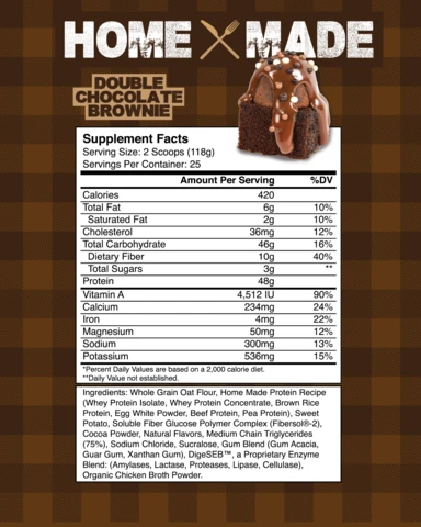 Nutritional facts for Homexmade Double Chocolate Brownie shows 420 calories, 48g protein, and vitamins per two-scoop serving.