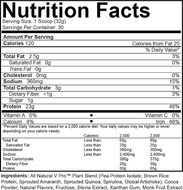 Nutrition facts for a 1 scoop serving of natural plant protein blend with peas, brown rice, quinoa, and more containing 23g protein and 120 calories.