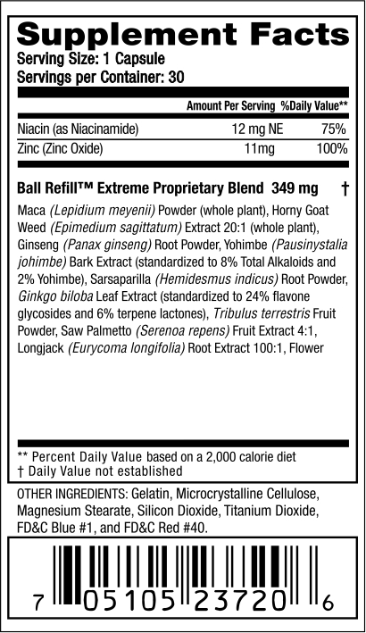 Nutritional information for a dietary capsule with 30 servings including ingredients like Niacin, Zinc, Maca, Ginseng, and other herbs.