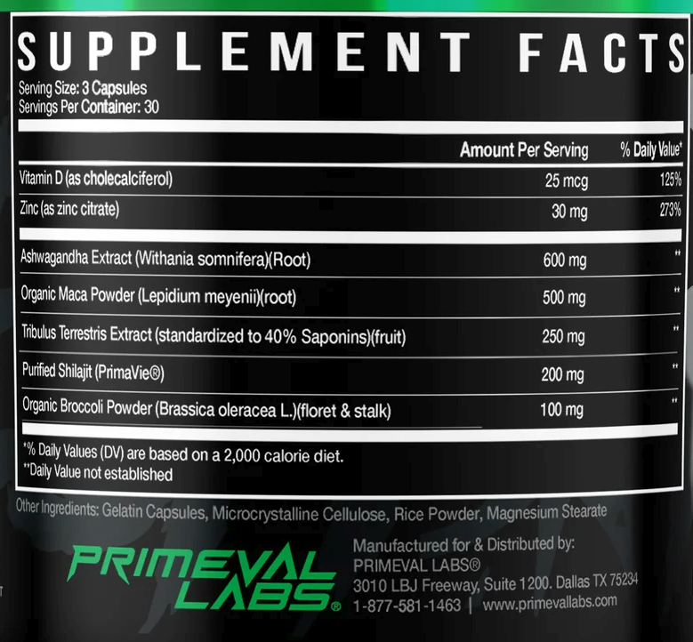 Supplement facts for Primeval Labs T Supplement, displaying serving size, daily values, ingredients and manufacturer details.