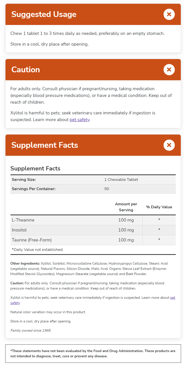 Supplement facts for a chewable tablet with warnings for pets and specific health conditions. Ingredients listed at the end.