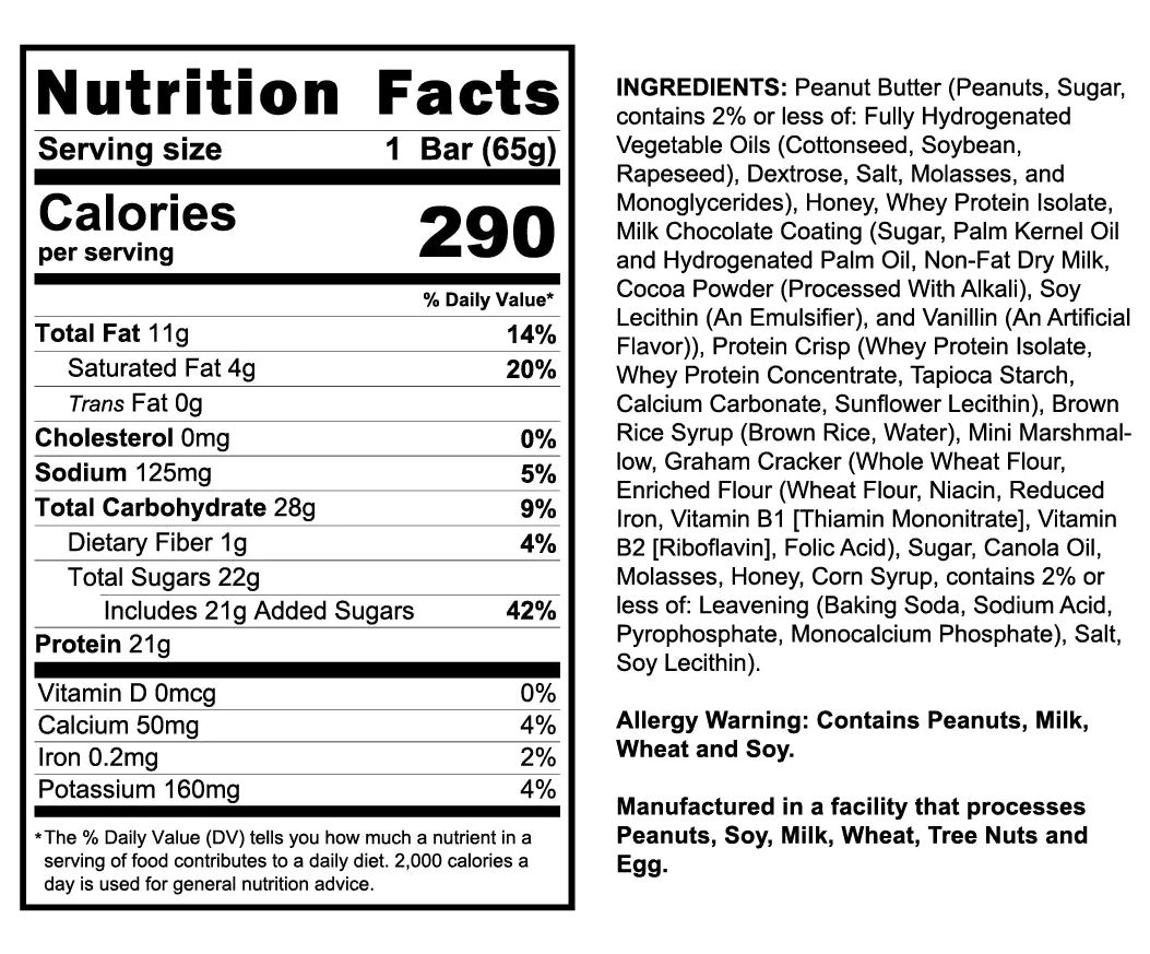 Nutrition facts and ingredients listed for a 65g protein bar with peanut butter, honey, whey protein, milk chocolate coating, and graham cracker. Contains allergens.