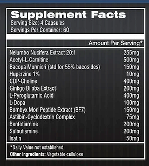 Supplement facts label listing ingredients, their quantities, and serving size for a dietary supplement contained in capsules.