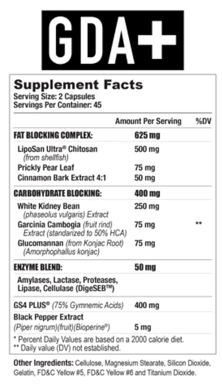 GDA+ supplement facts including servings, ingredients, and daily values based on a 2000 calorie diet, with emphasis on fat/carbohydrate blocking complexes.