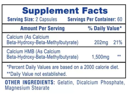 Supplement facts for capsules with Calcium HMB, gelatin, Dicalcium Phosphate, and Magnesium Stearate, with suggested daily servings.