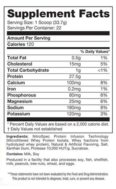 A nutrition label for a supplement with scoop servings. Provides 120 calories, 27.5g protein, various minerals and whey protein.