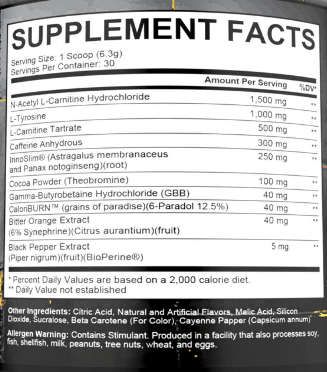 Supplement facts panel for a product with ingredients including N-Acetyl L-Carnitine, L-Tyrosine, Caffeine, Astragalus, and Cocoa Powder. Allergen warning included.