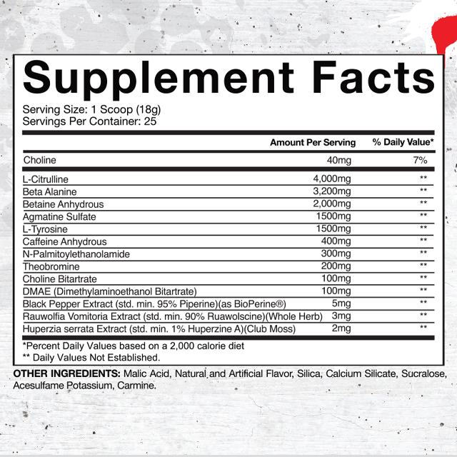 Supplement facts and ingredients listed for a product, including serving size, daily values, amounts per serving, and types of ingredients such as caffeine and choline.