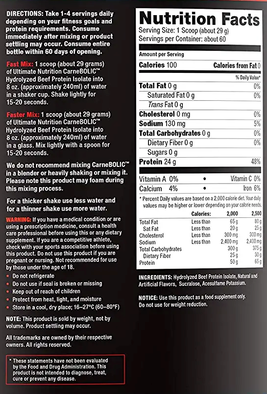 Instructions for mixing and consuming CarneBOLIC Hydrolyzed Beef Protein Isolate powder. Not suitable for pregnant or under 18s. Can cause foaming.