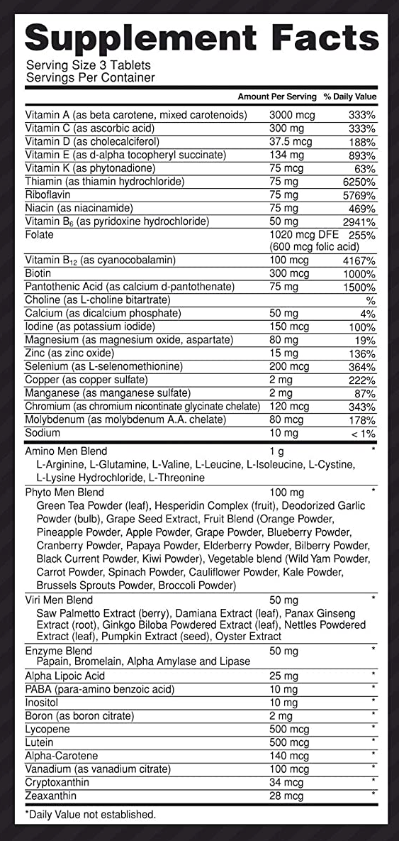 Supplement facts chart detailing servings per container, amount per serving, and % daily values for various vitamins, minerals, and blends.
