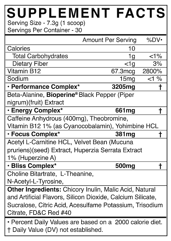 Nutritional label of a supplement with ingredients including Beta-Alanine, Caffeine Anhydrous, Vitamin B12, Acetyl L-Carnitine HCL, and others.