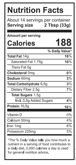 Nutrition facts showing calories, fats, sodium, carbohydrates, sugars, protein, and vitamins for a serving size of 2 Tbsp.