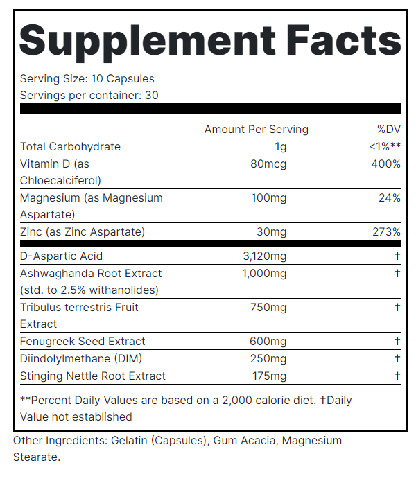 Nutritional facts for a supplement with 10 capsules per serving, 30 servings per container, including different types of vitamins, minerals, and extracts.