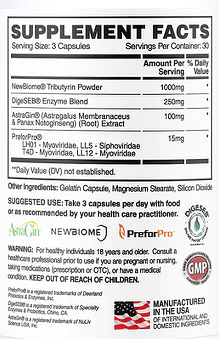 Supplement facts for a product with serving size of 3 capsules, including ingredients like Tributyrin Powder, DigeSEBO Enzyme Blend, and Astragin.