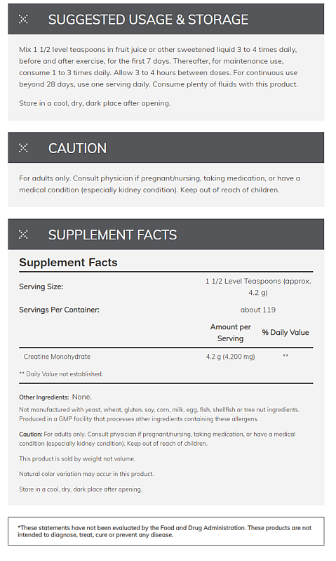 Supplement product label suggesting usage & storage, providing a caution for adults and conveying it's a creatine monohydrate free from common allergens.