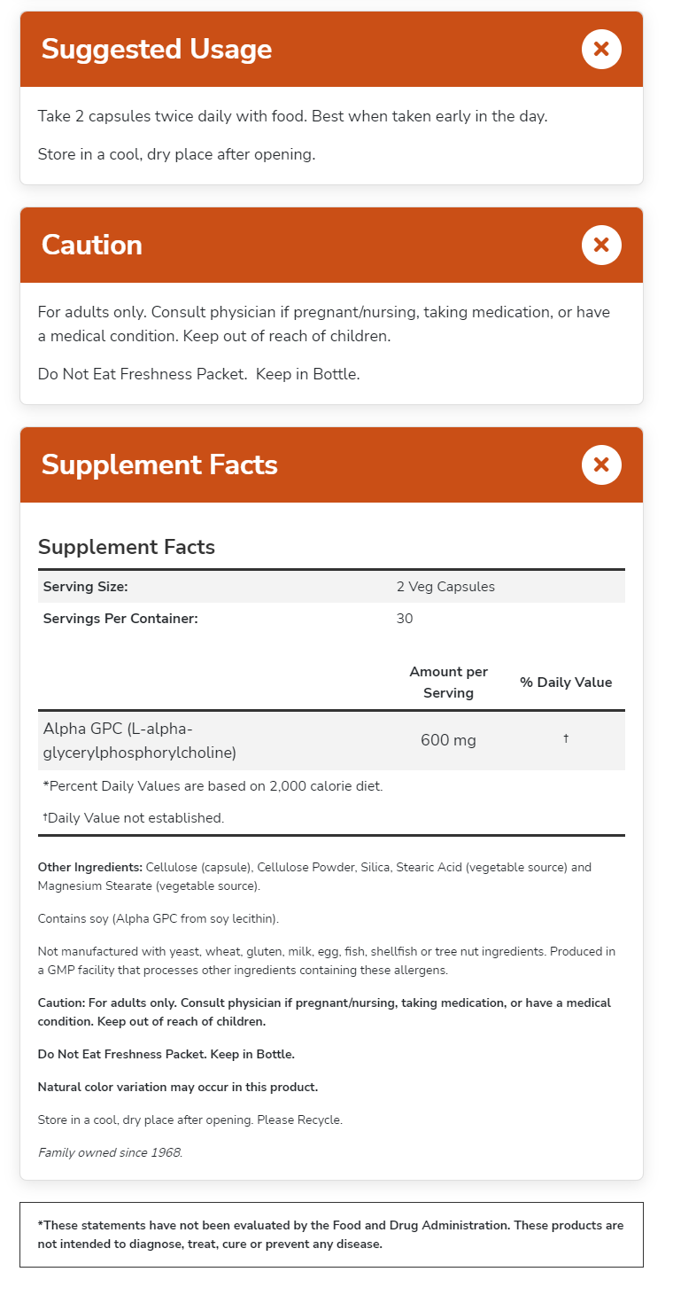 Capsule supplement information detailing dosage, storage, ingredients, potential allergens, and warning for usage by adults or those with medical conditions.