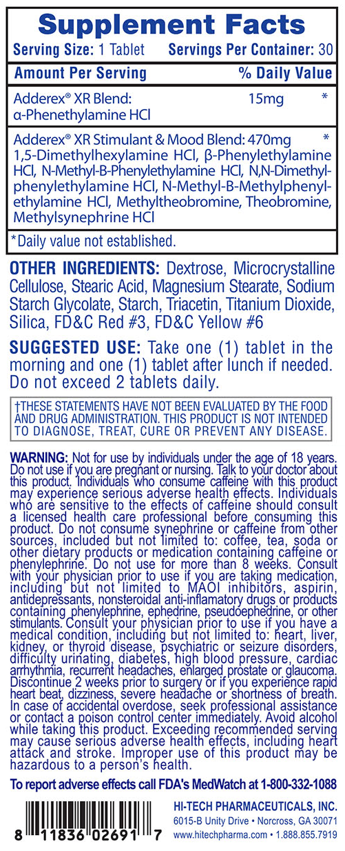 Adderex XR supplement facts and ingredients; suggests one tablet in morning and one after lunch; warns against exceeding recommended serving.