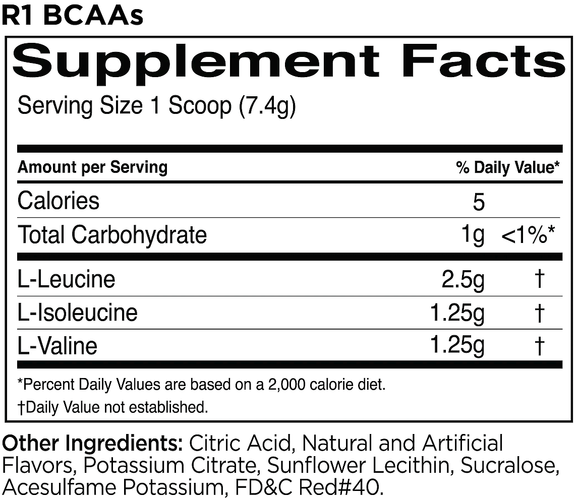 R1 BCAAs Supplement facts listing serving size, calorie count, and main ingredients like L-Leucine, L-Isoleucine, and L-Valine, among others.