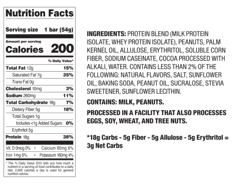 Nutrition label for a 54g protein bar. Contains 12g fat, 18g protein, 18g carbs, and is made primarily from protein blend, peanuts, and palm kernel oil.