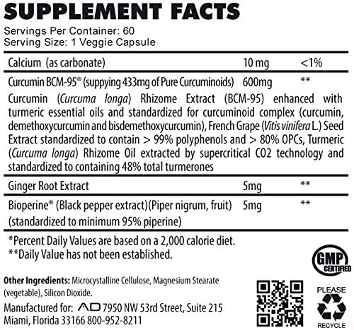 Supplement facts list for a veggie capsule: Contains ingredients like 10mg Calcium, 600mg Curcumin BCM-95, ginger root extract, bioperine, and more.
