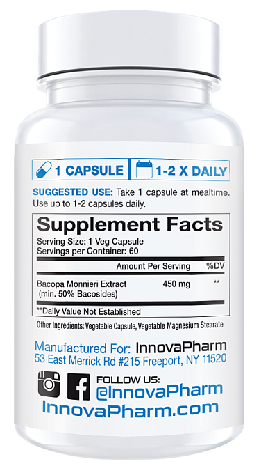 Directions and ingredients for InnovaPharm Bacopa monnieri supplement capsules highlighted serving size, servings per container, and daily usage.