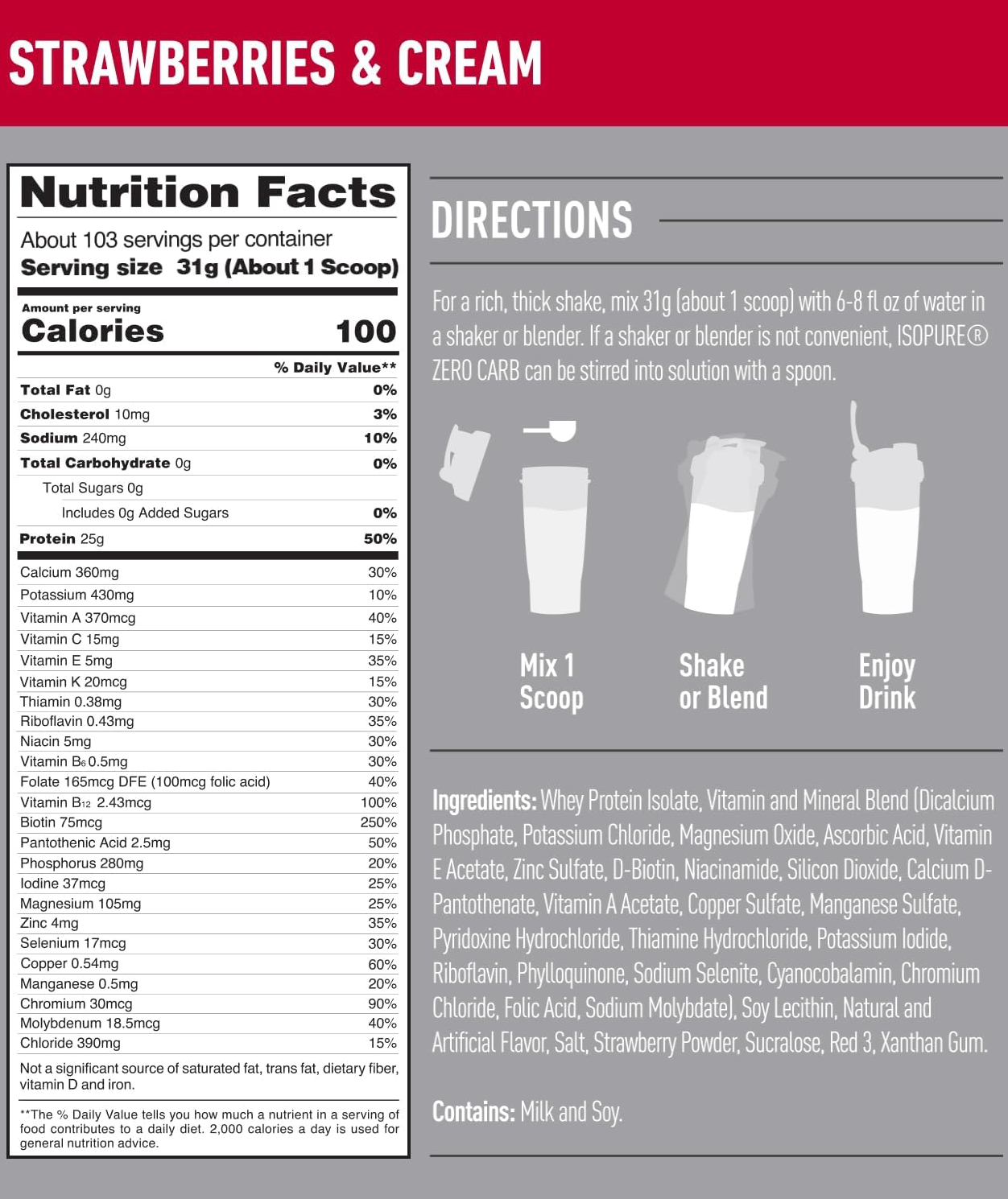 Nutrition facts for Strawberries & Cream 31g serving. Contains 25g protein, various vitamins, minerals. Mix with water for a protein shake.