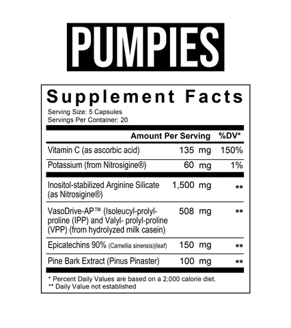 Supplement facts for PUMPIES: Serving size 5 capsules, 20 servings per container. Contains Vitamin C, Potassium, Arginine Silicate, VasoDrive-AP, and Pine Bark Extract.