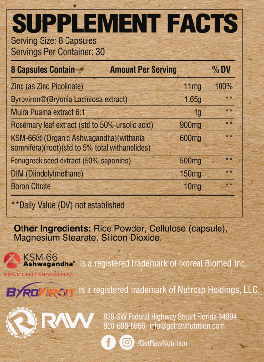 Supplement facts label showing ingredient list & amounts per serving, including Zinc, Bryonia Laciniosa extract, Muira Puama extract, and others.