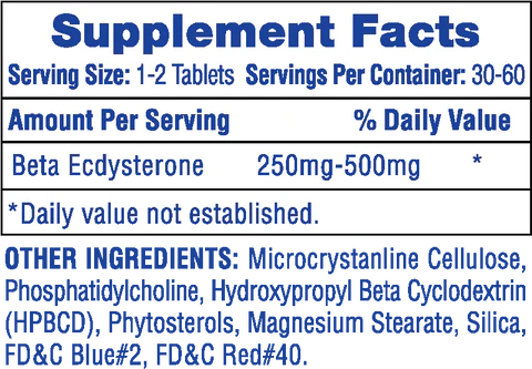 Supplement facts for Beta Ecdysterone tablets with a serving size of 1-2 tablets and containing various other ingredients.