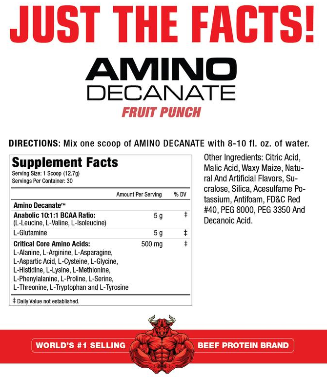 Amino Decanate fruit punch supplement directions and ingredients list, including the 10:1:1 BCAA ratio and other critical core amino acids.